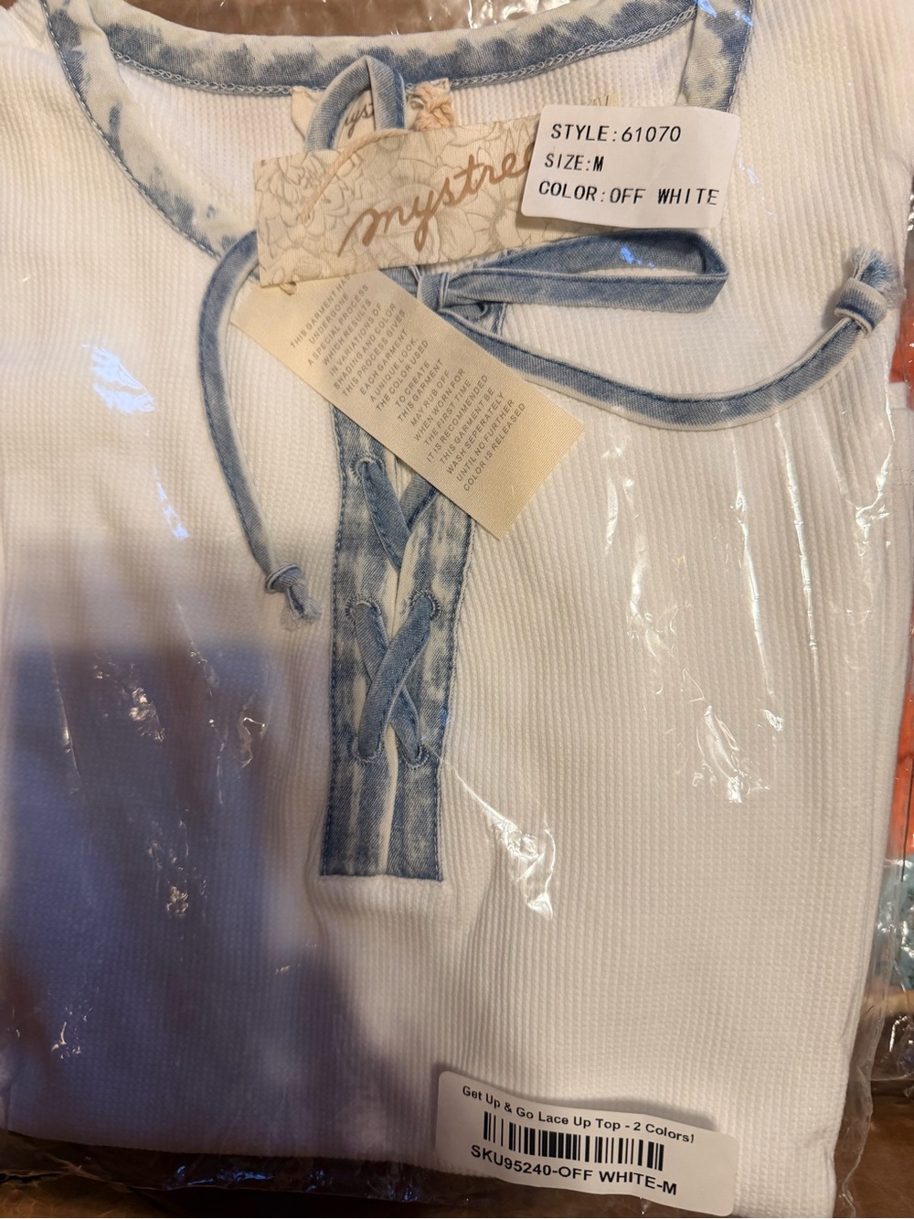 Mystree Off White Ribbed Lace-Up Top with Denim Trim